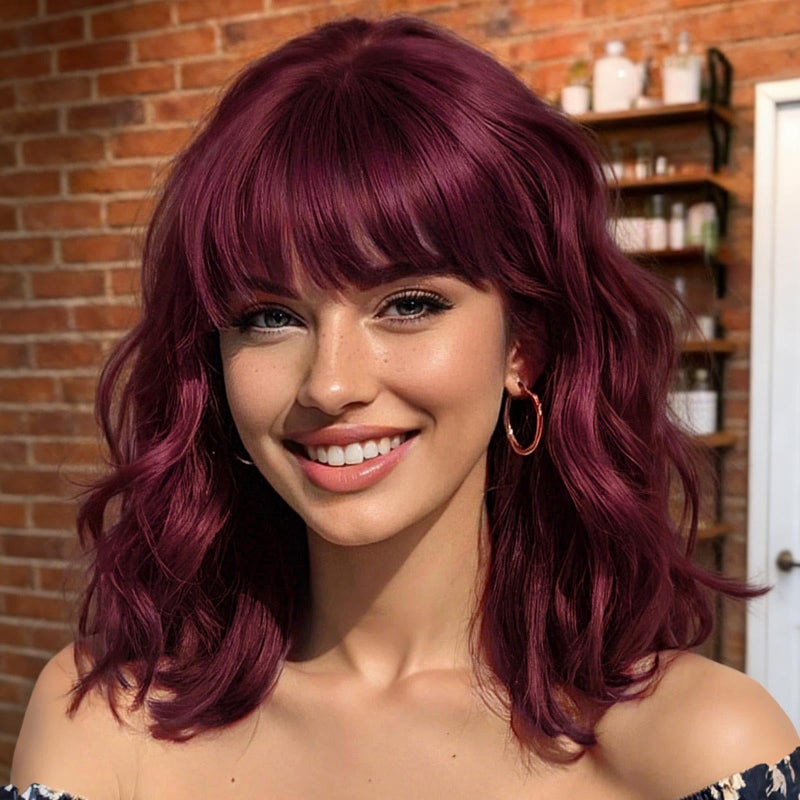 Nnzes Bob Curly Wig Synthetic Short Wine Red Wig with Bangs Natural Looking Heat Resistant Fiber Hair for Women - Image 1